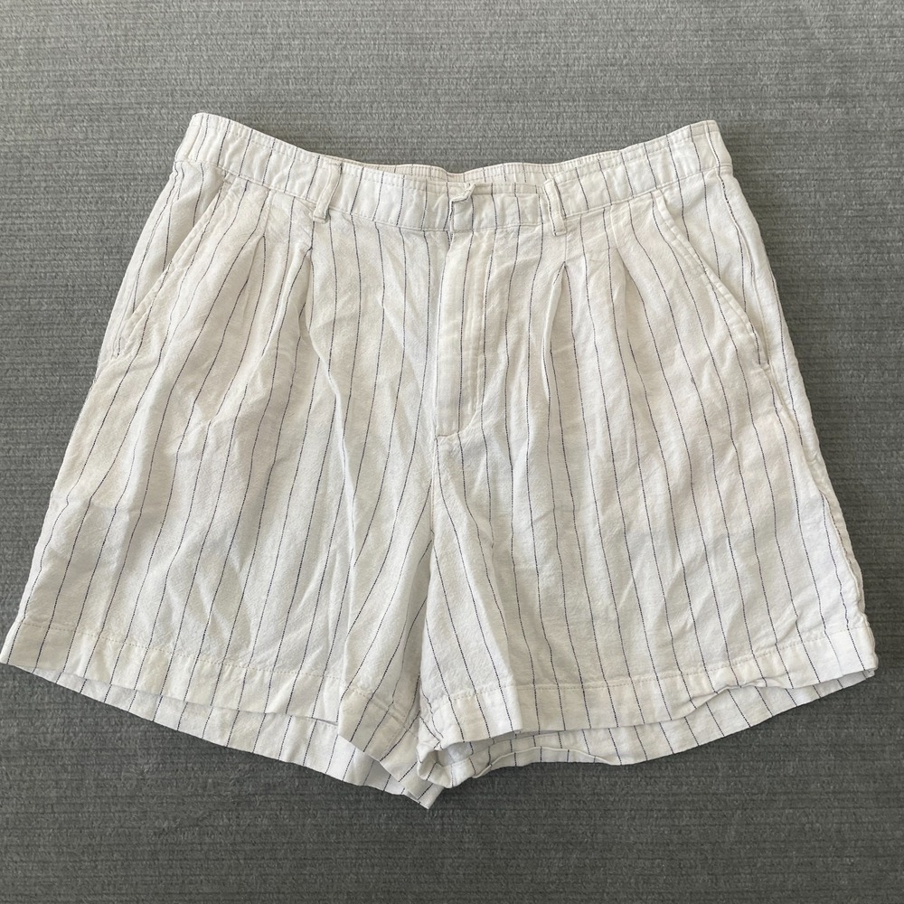 Gap Short Women 16 White Striped Pleated Linen Blend‎ Resort Minimalist Pockets
